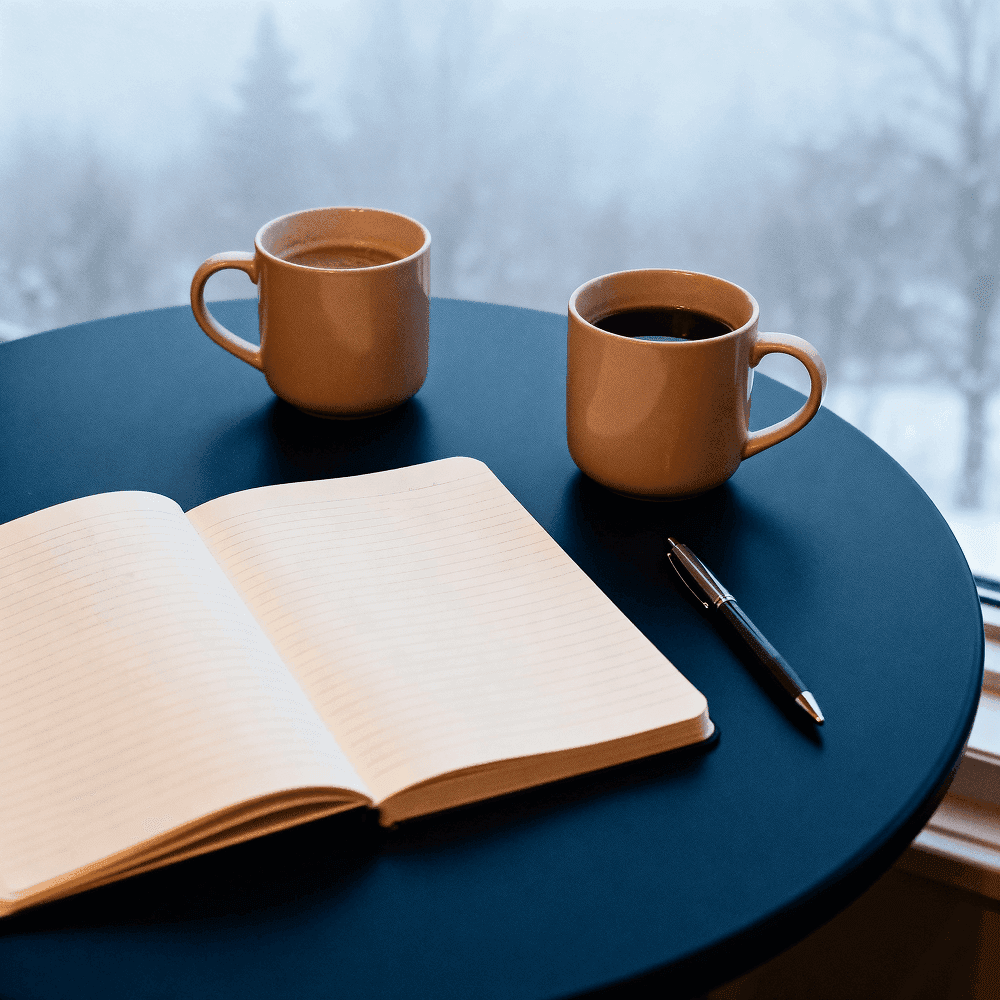 Mesa com duas xícaras de café, caderno aberto e caneta, representando um encontro de mentoria executiva para líderes do setor público.