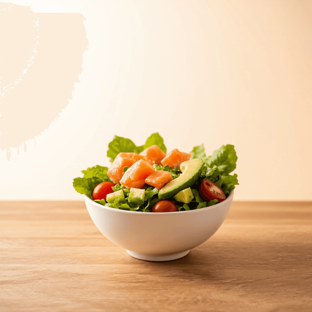 product photography of a bowl of salad with salmon, cherry tomatoes, and avocado