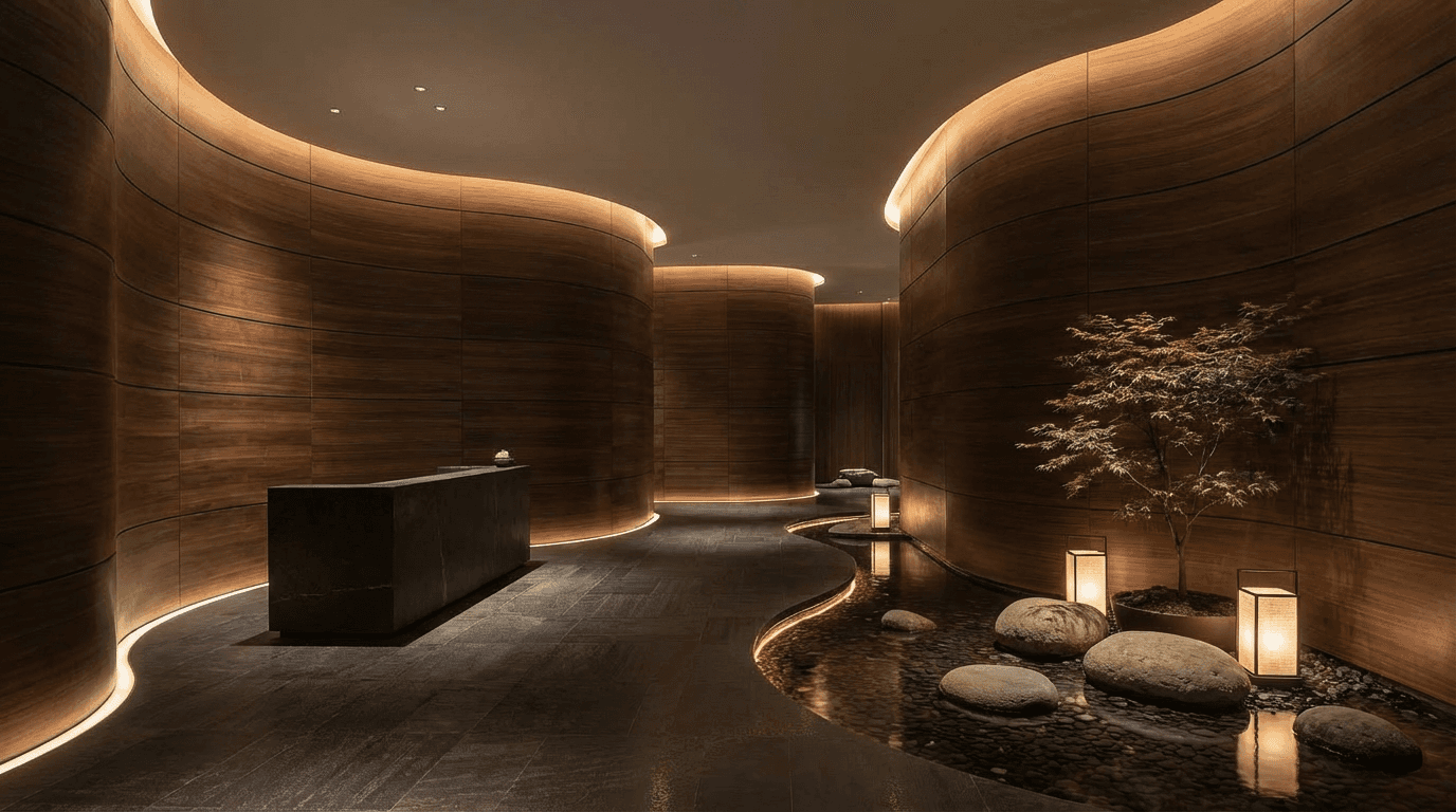 Minimalist entry hall with arched wooden door, warm plaster walls, dried botanicals, and soft natural light.