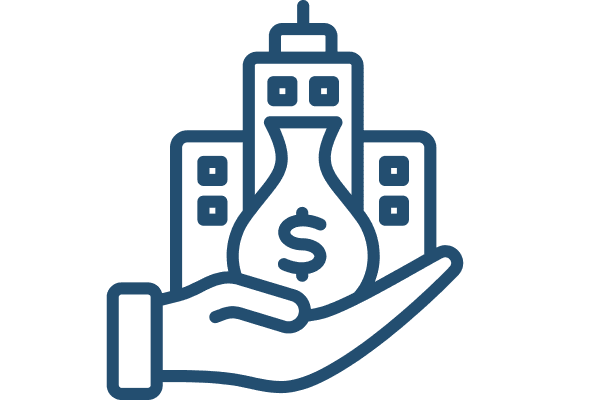 hand holding a sack of money and a building