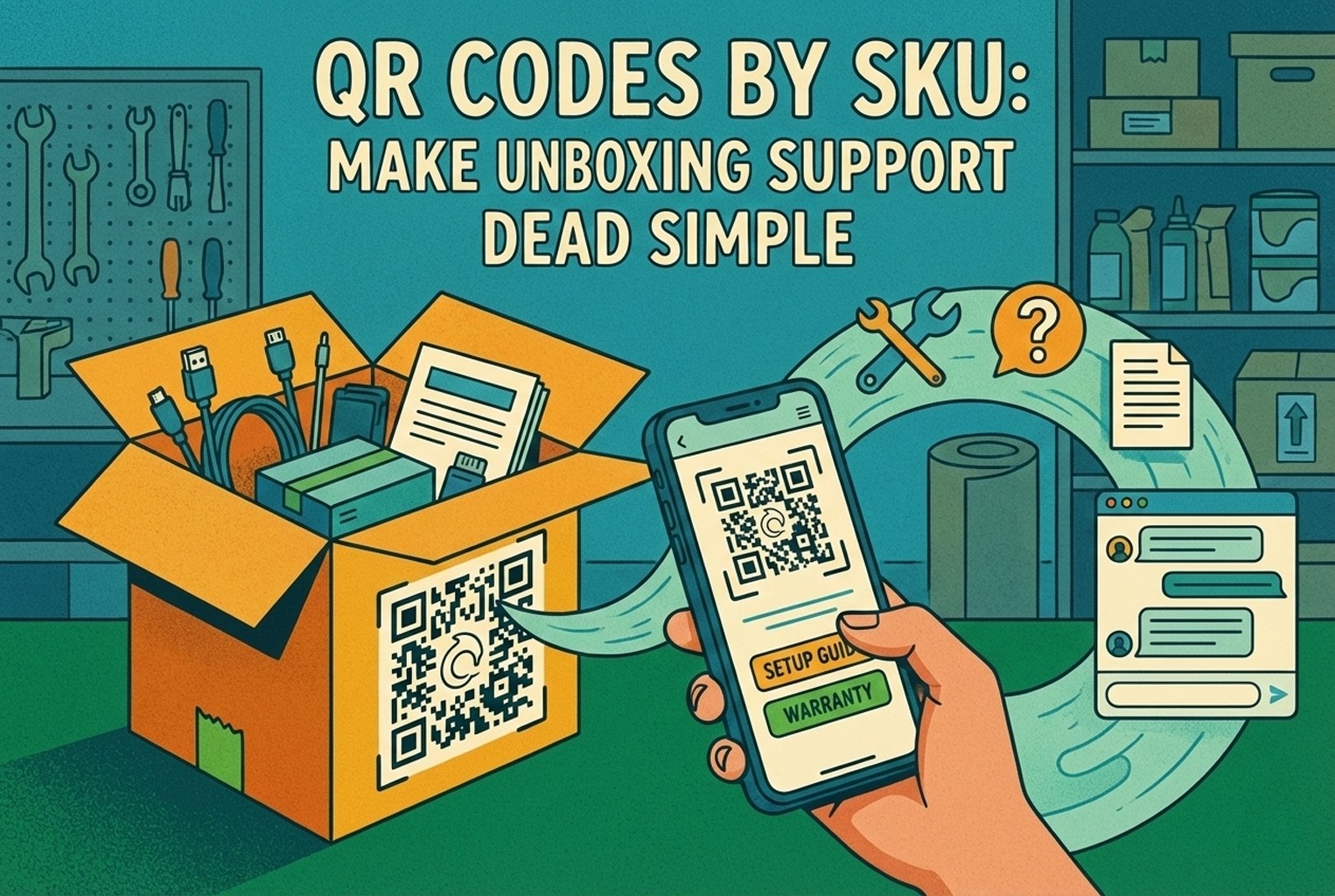 Illustration showing a customer scanning a QR code on product packaging to access setup and warranty help during unboxing, using SKU-level QR code support.