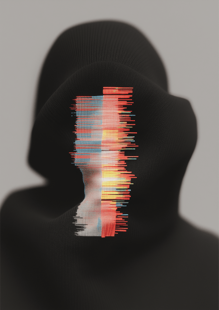 Abstract portrait of a hooded figure with a distorted, glitch-like streak of colorful lines obscuring the face against a neutral background.