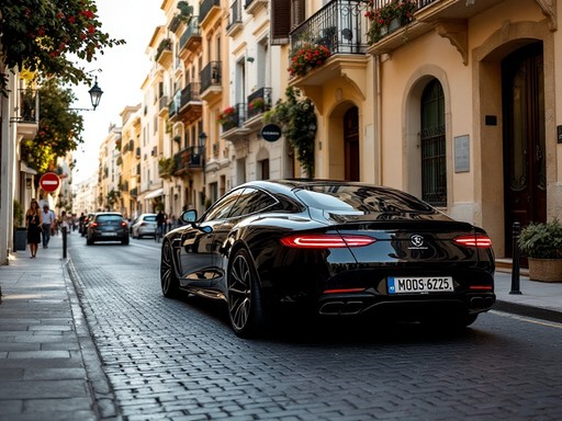 A black Mercedes-Benz S-Class Coupe parked on a cobblestone street in a European city.