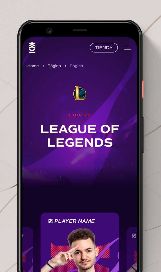 A smartphone screen displaying the "League of Legends" website in Spanish, featuring a purple-themed interface with navigation links, a logo, and a player profile section at the bottom.