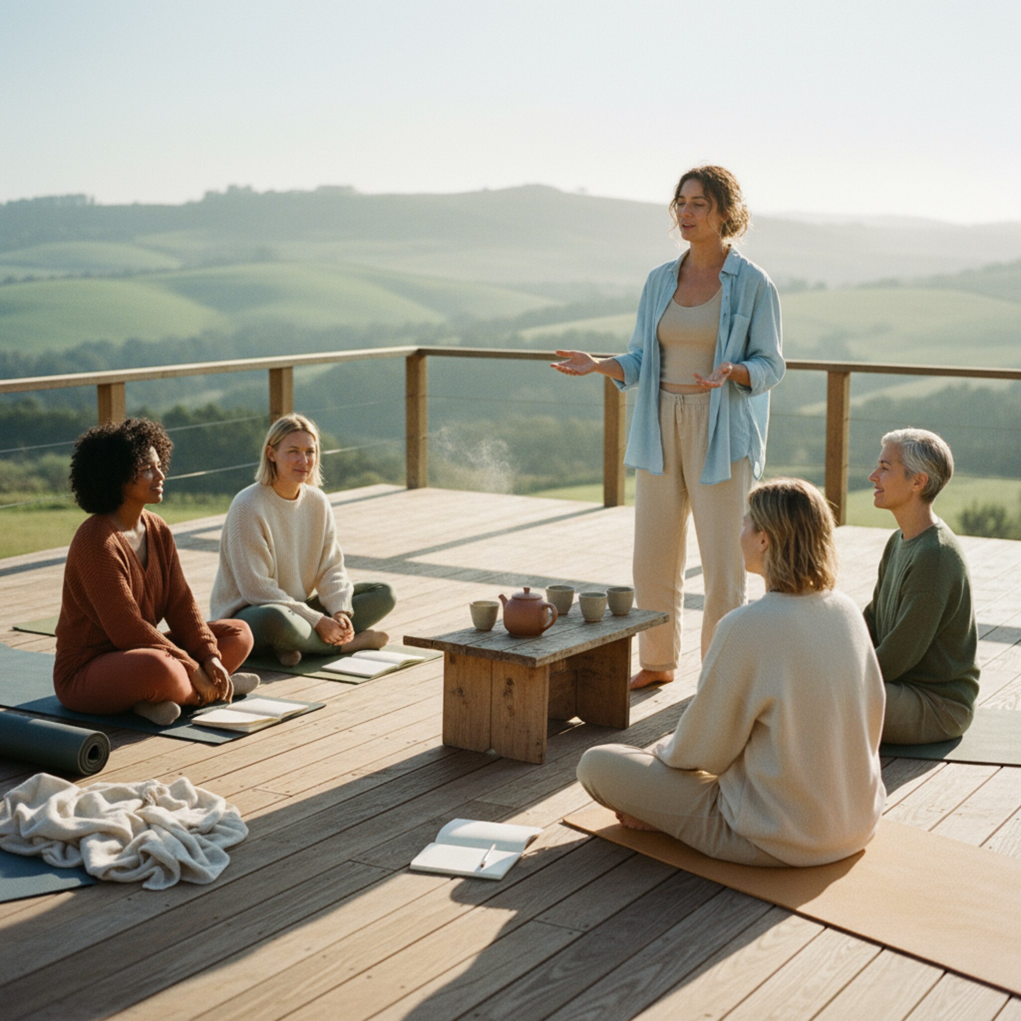Auf einer Holzterrasse mit Blick auf grüne Hügel beginnt eine Morgen-Session. Yogamatten liegen ausgerollt, eine Teekanne dampft neben schlichten Keramikbechern. Die Sonne zeichnet lange Schatten, die Luft wirkt klar. Ein Coach spricht ruhig, die Gruppe hört aufmerksam zu.