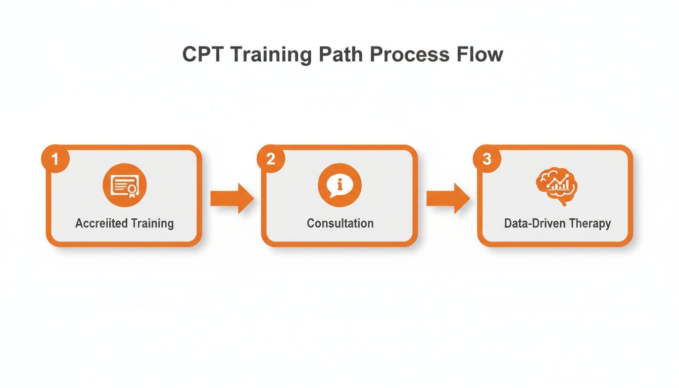A three-step process flow for CPT training, showing accredited training, consultation, and data-driven therapy.