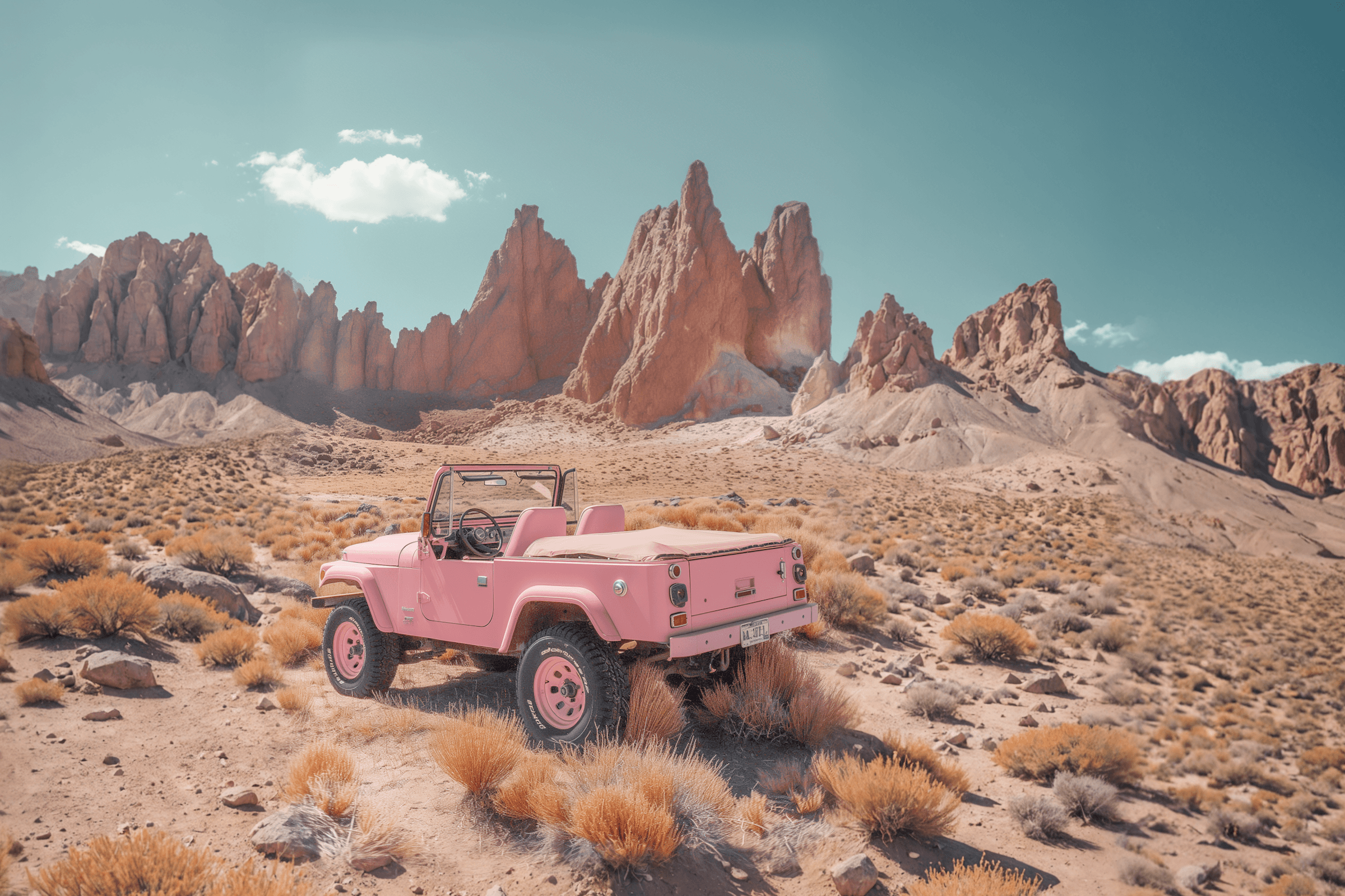Pink off-road truck in a desert canyon, cinematic wide shot — AI generated with Lore