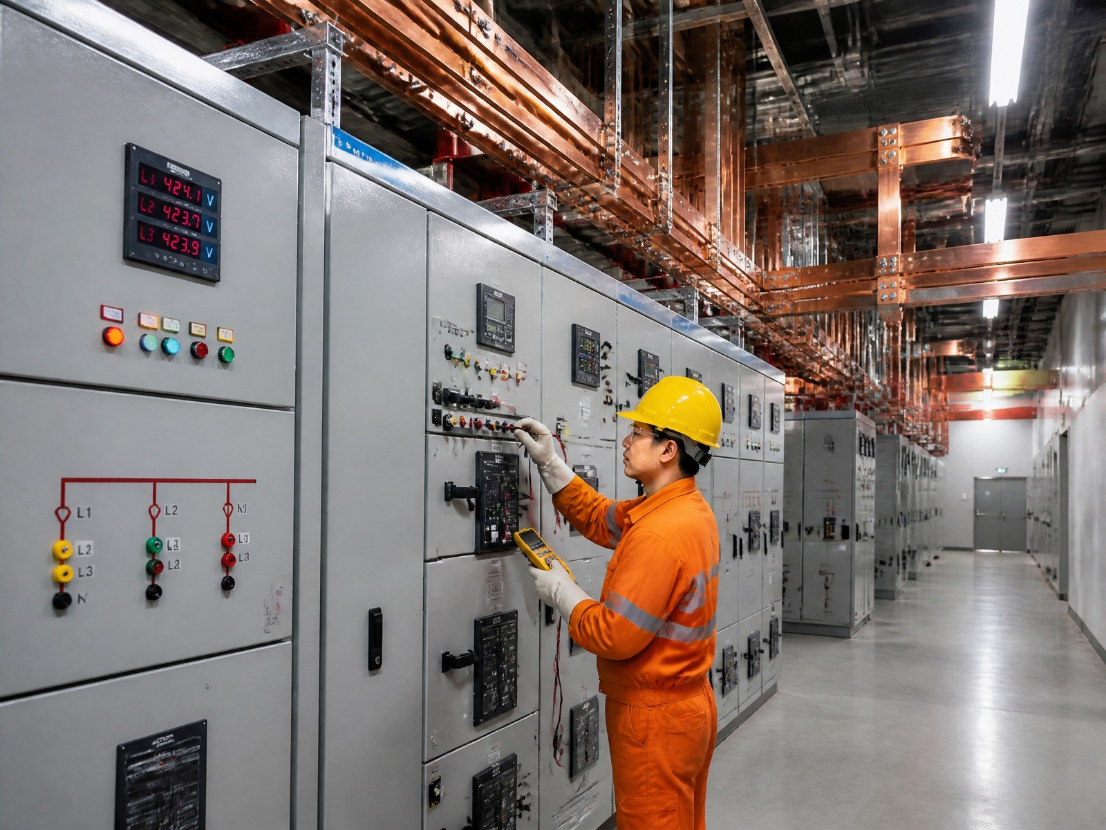 數據中心電力機房機電工程維護,技術人員於工業配電櫃前進行檢測,確保符合機房潔淨環境及防塵標準。