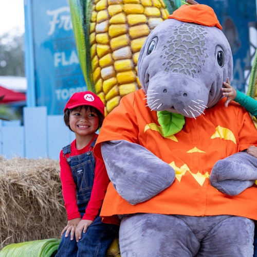 Child in a red hat and overalls smiles next to someone in a manatee costume, with hay bales and a large corn display in the background.
