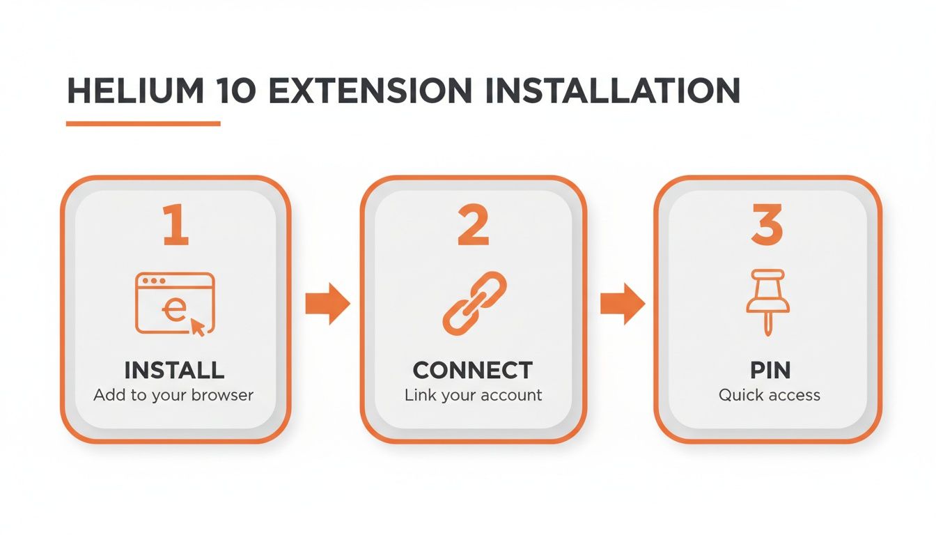 A three-step guide for Helium 10 extension installation: install, connect your account, and pin for quick access.