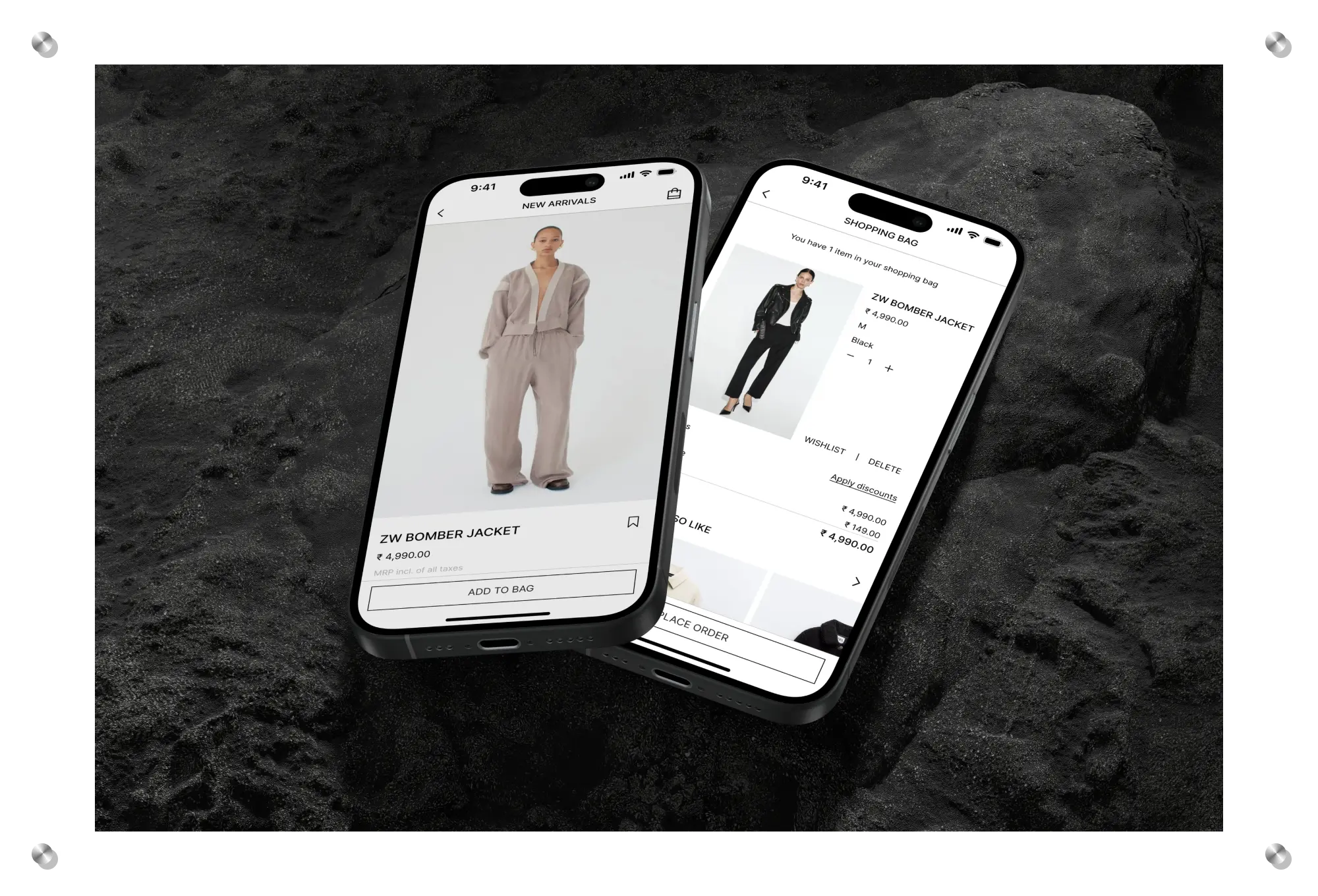 Mobile app UI displaying fashion e-commerce product and shopping cart screens.