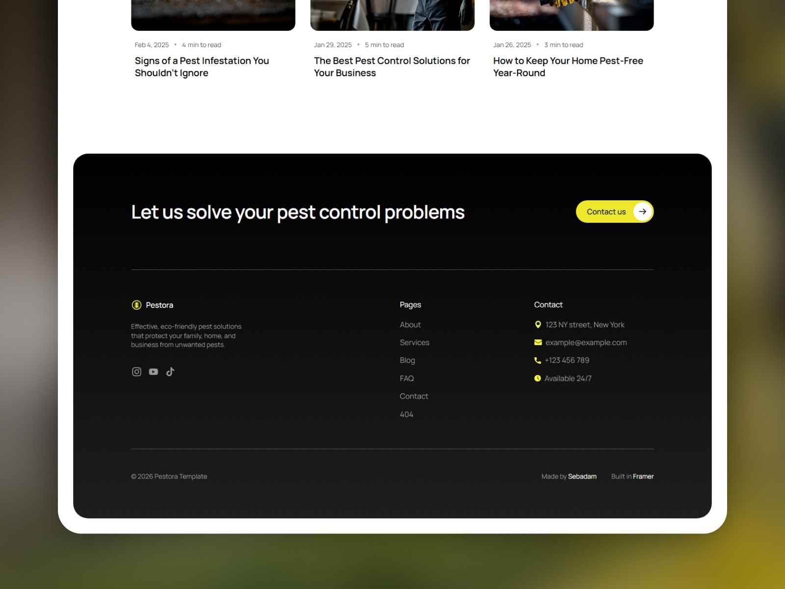 Pestora blog listing page with article cards and footer