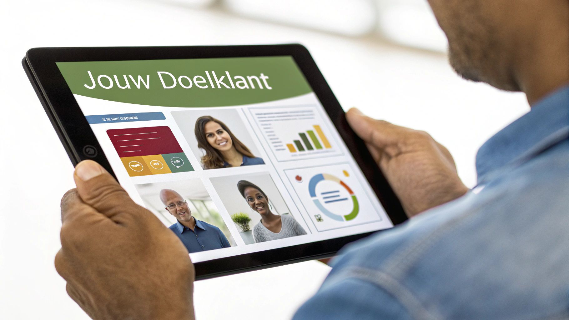 Man bekijkt tablet met 'Jouw Doelklant' presentatie, inclusief klantprofielen en marketingdata.