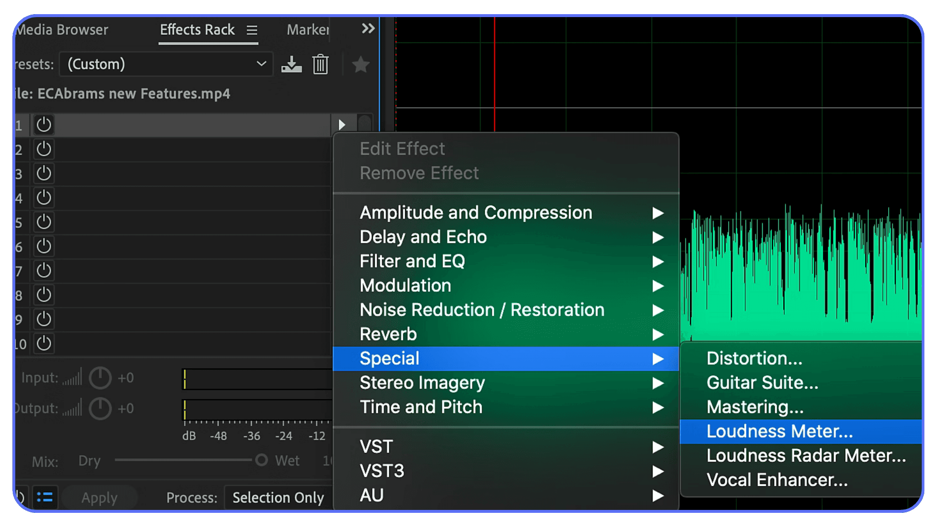 Premiere Pro effects menu showing loudness meter and audio analysis tools for dialogue mixing