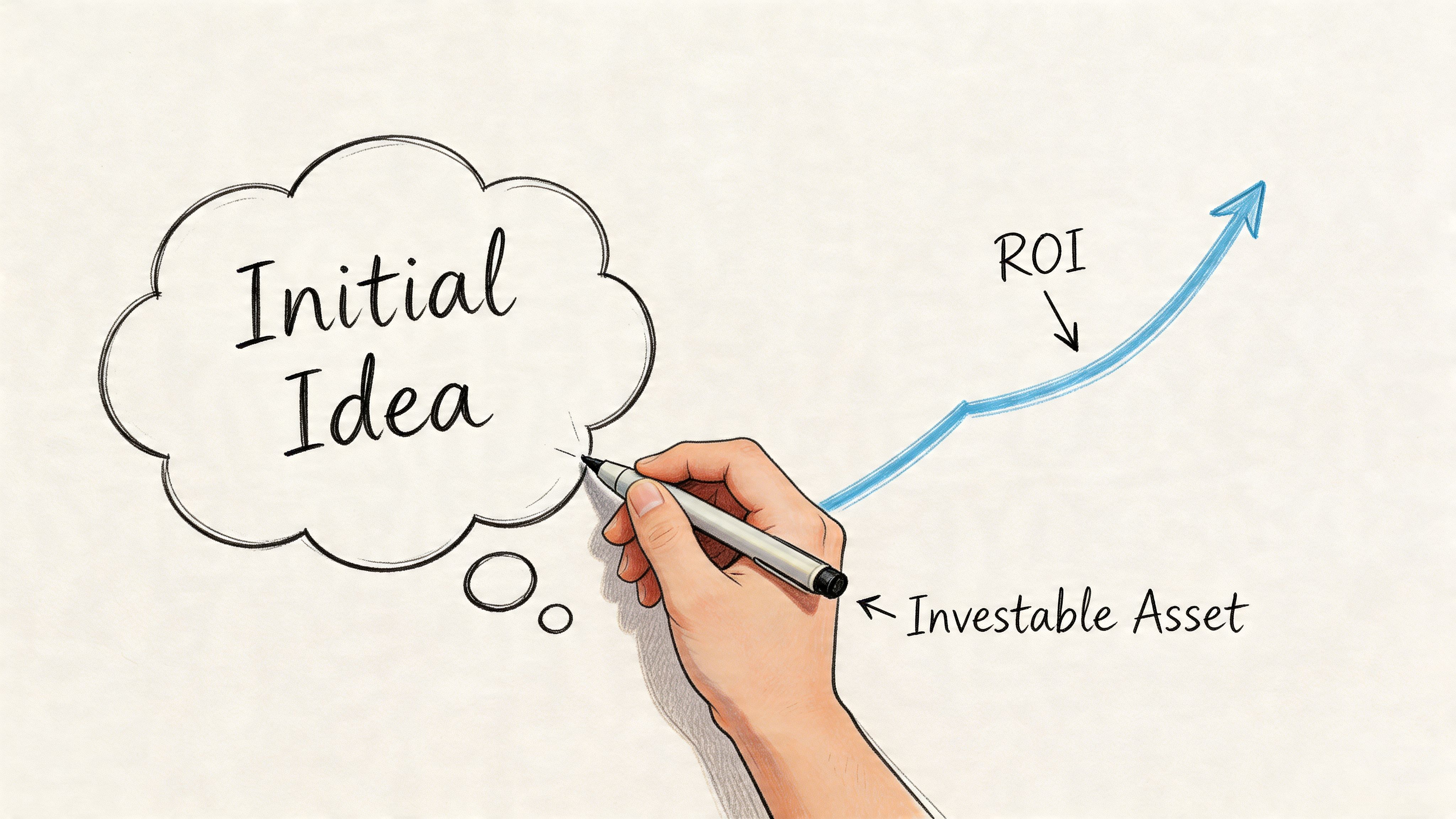 A hand drawing a growth arrow leading from an initial idea bubble towards ROI and investable assets.
