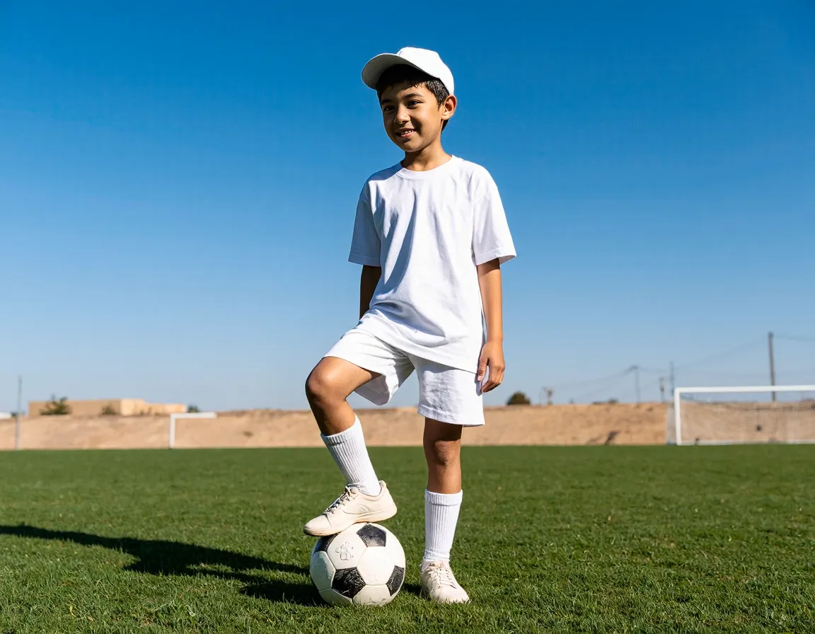 Young athlete in all white uniform standing on soccer field with ball, bright blue sky background, perfect sports photography moment
