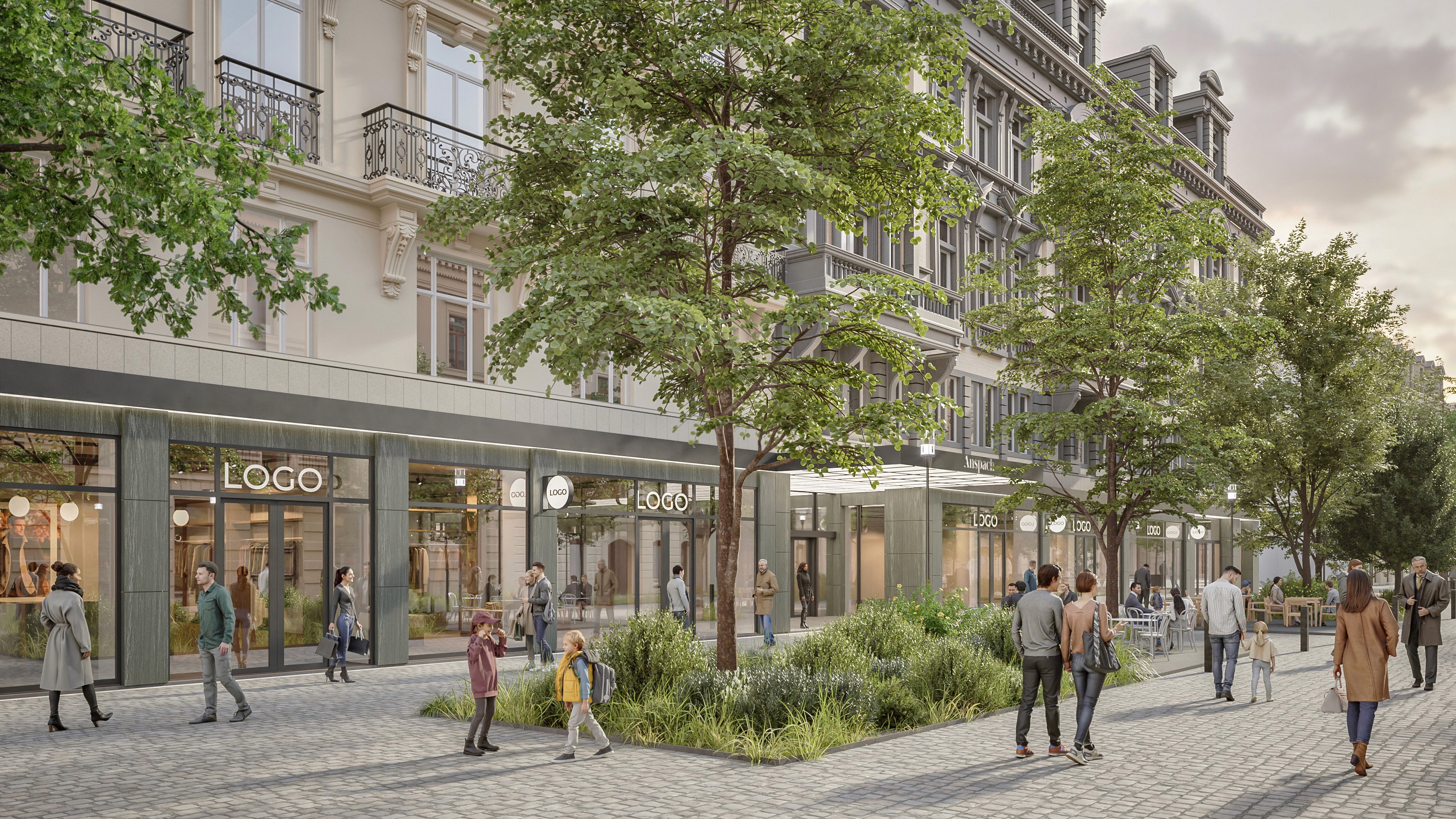 Child walking on a wooden beam with a large tree and swing nearby in a courtyard of modern wooden houses, while another person adjusts a bicycle.