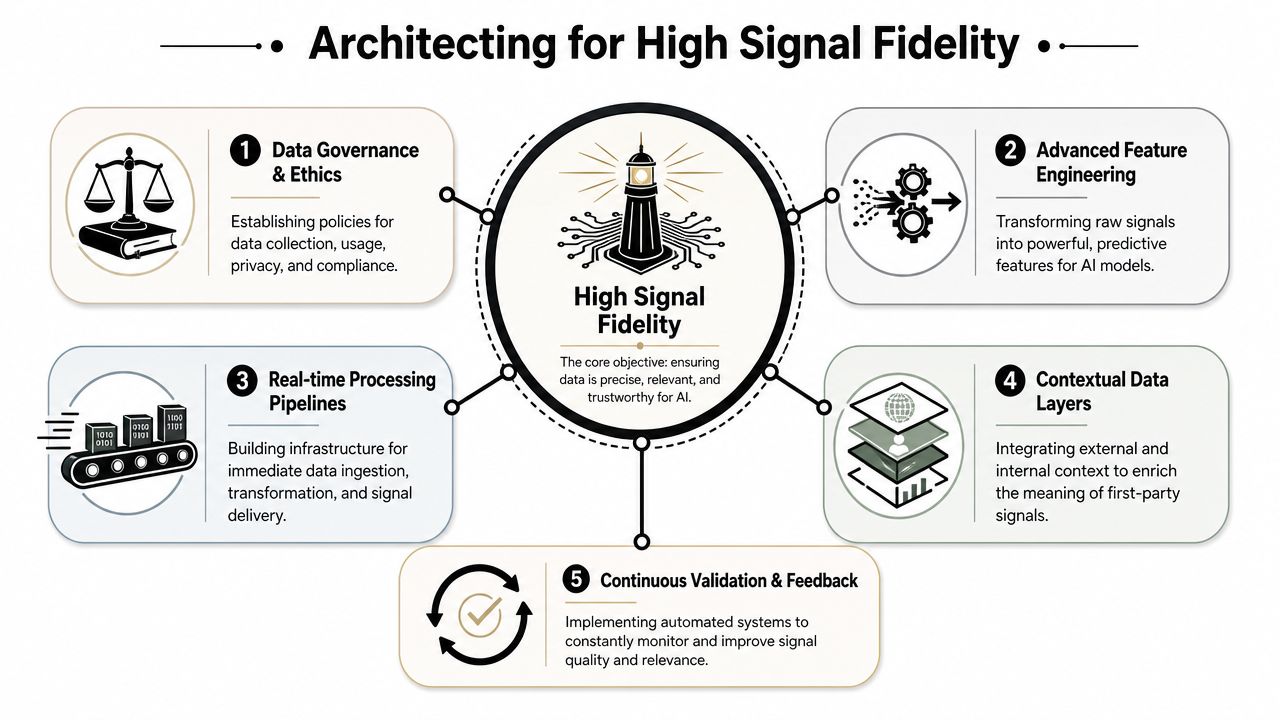 A diagram illustrating five key components for architecting high signal fidelity in AI data systems.