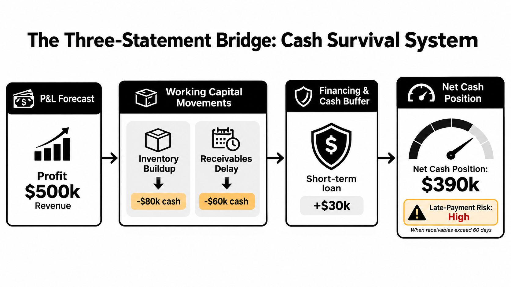 A business flowchart diagram titled The Three-Statement Bridge explaining cash flow, profit, and working capital.