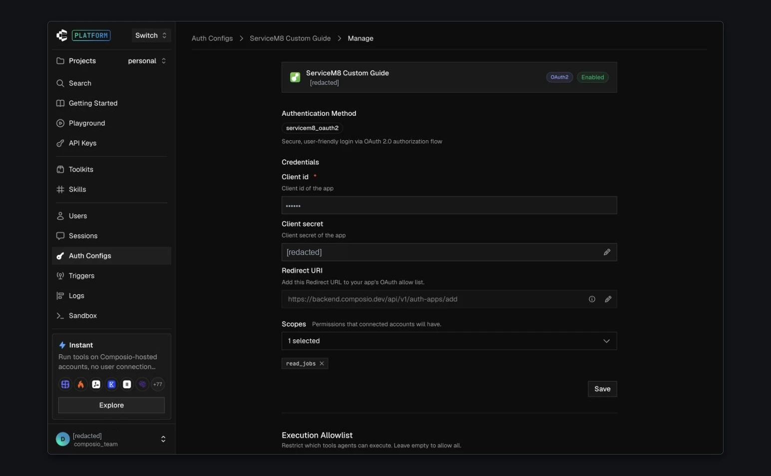 After saving, verify the custom credentials, callback and selected scopes
