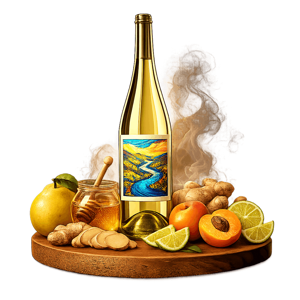 Artistic label and flavor profile for Tokajska Furmint on a rustic wooden table.