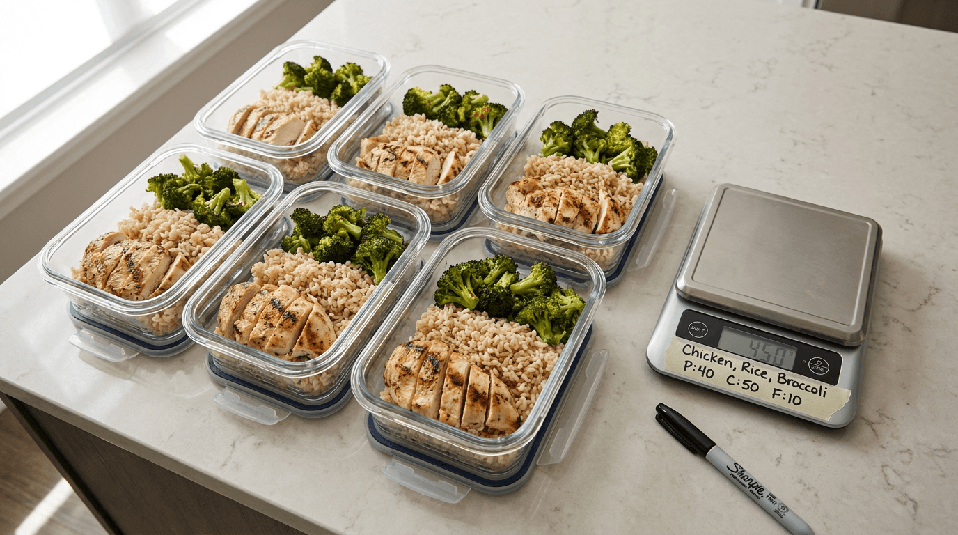 Batch cooked meal prep containers portioned for consistent macro tracking at home