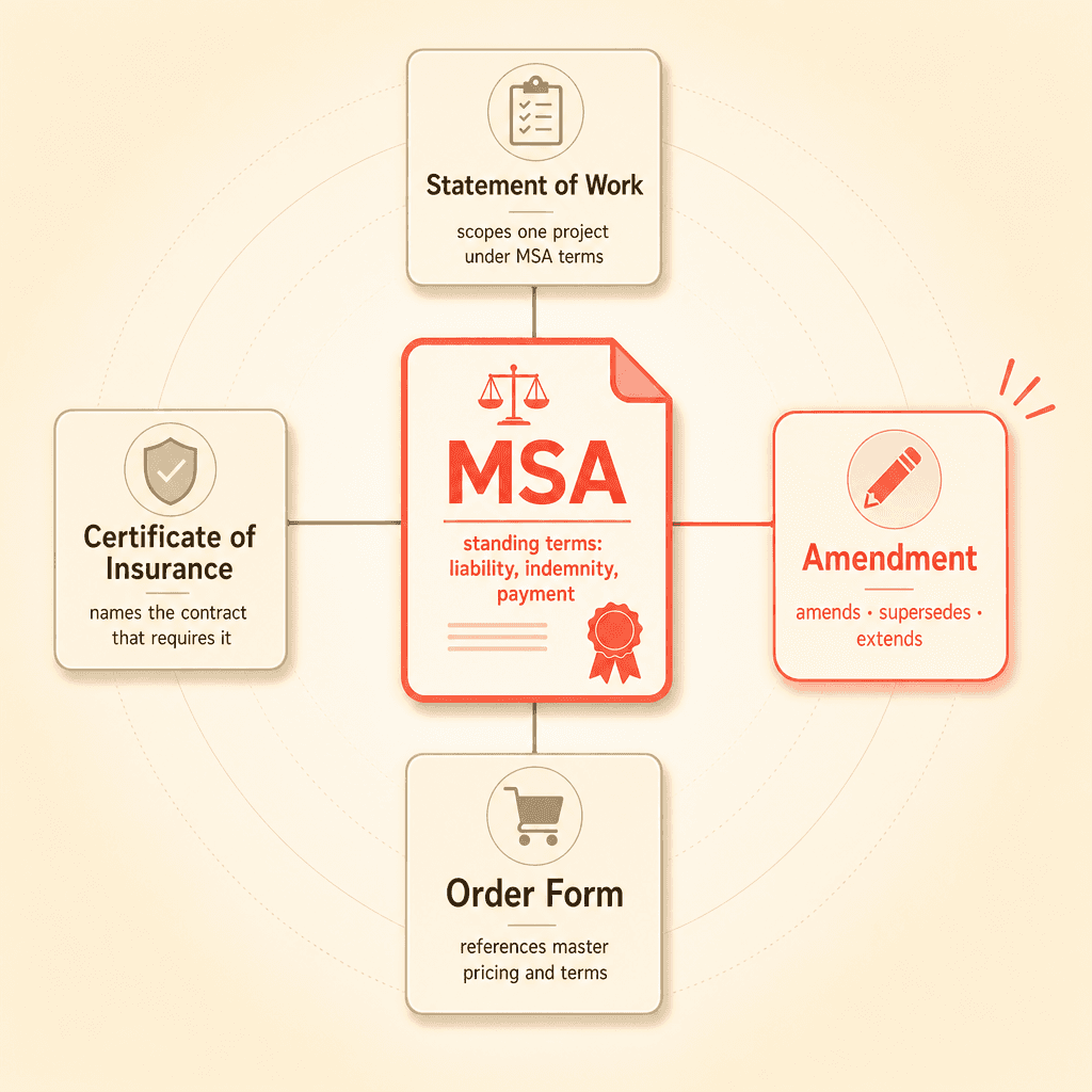 Diagram of a contract family: a master services agreement at the center with statements of work, amendments, order forms, and certificates of insurance connected as child documents.