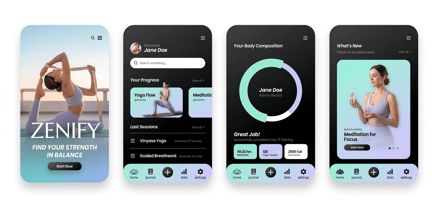 Zenify wellness app UI design screens showing yoga training, user progress dashboard, body composition tracking, and meditation features in a modern dark mode interface.