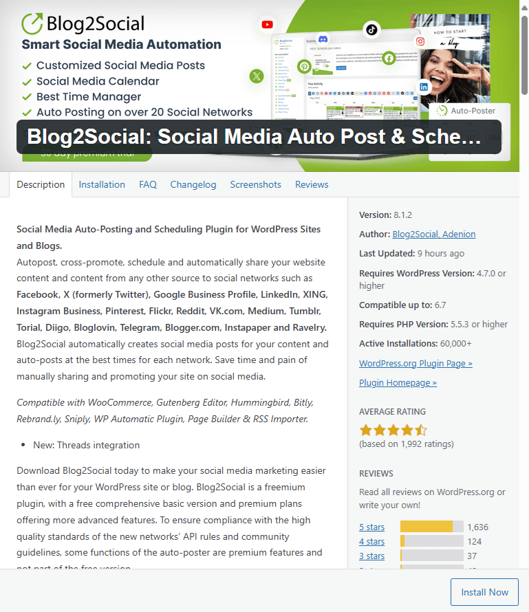 blog2social social media wordpress plugin page