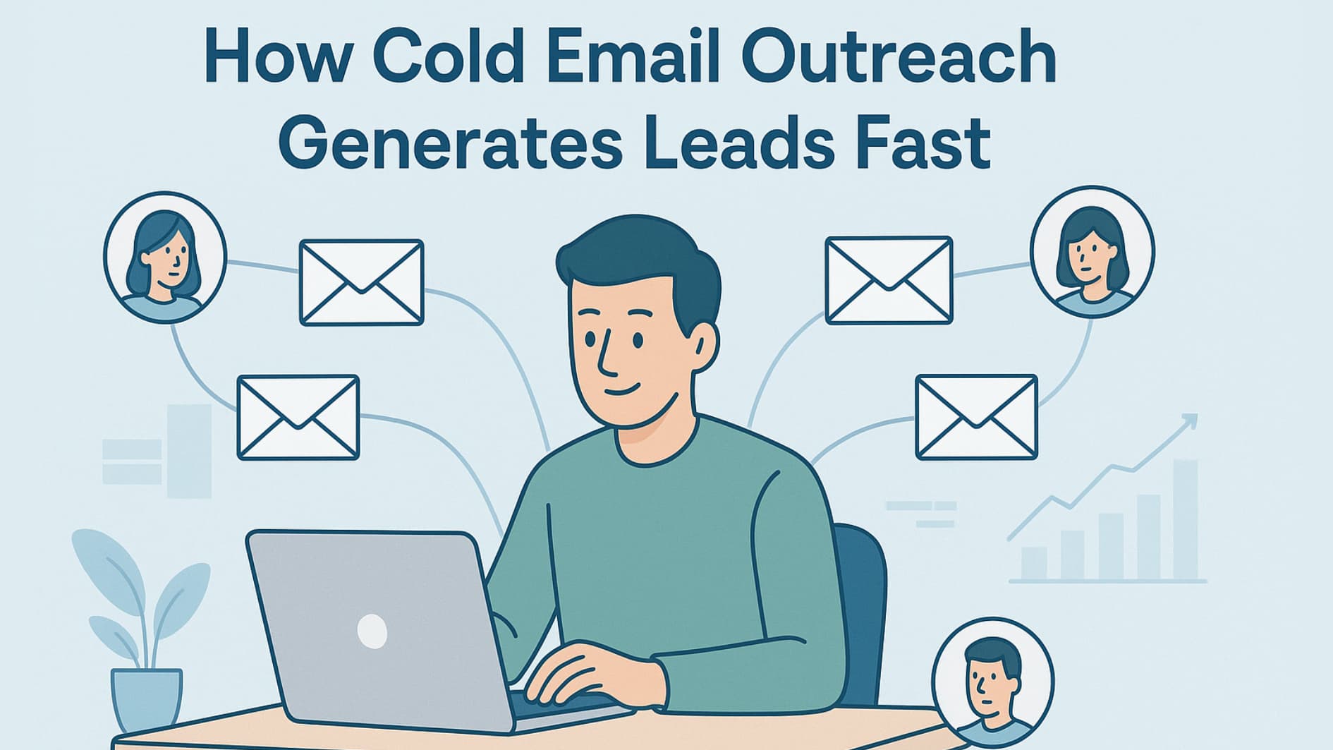 Illustration showing how cold email outreach generates leads fast in a professional office setting.