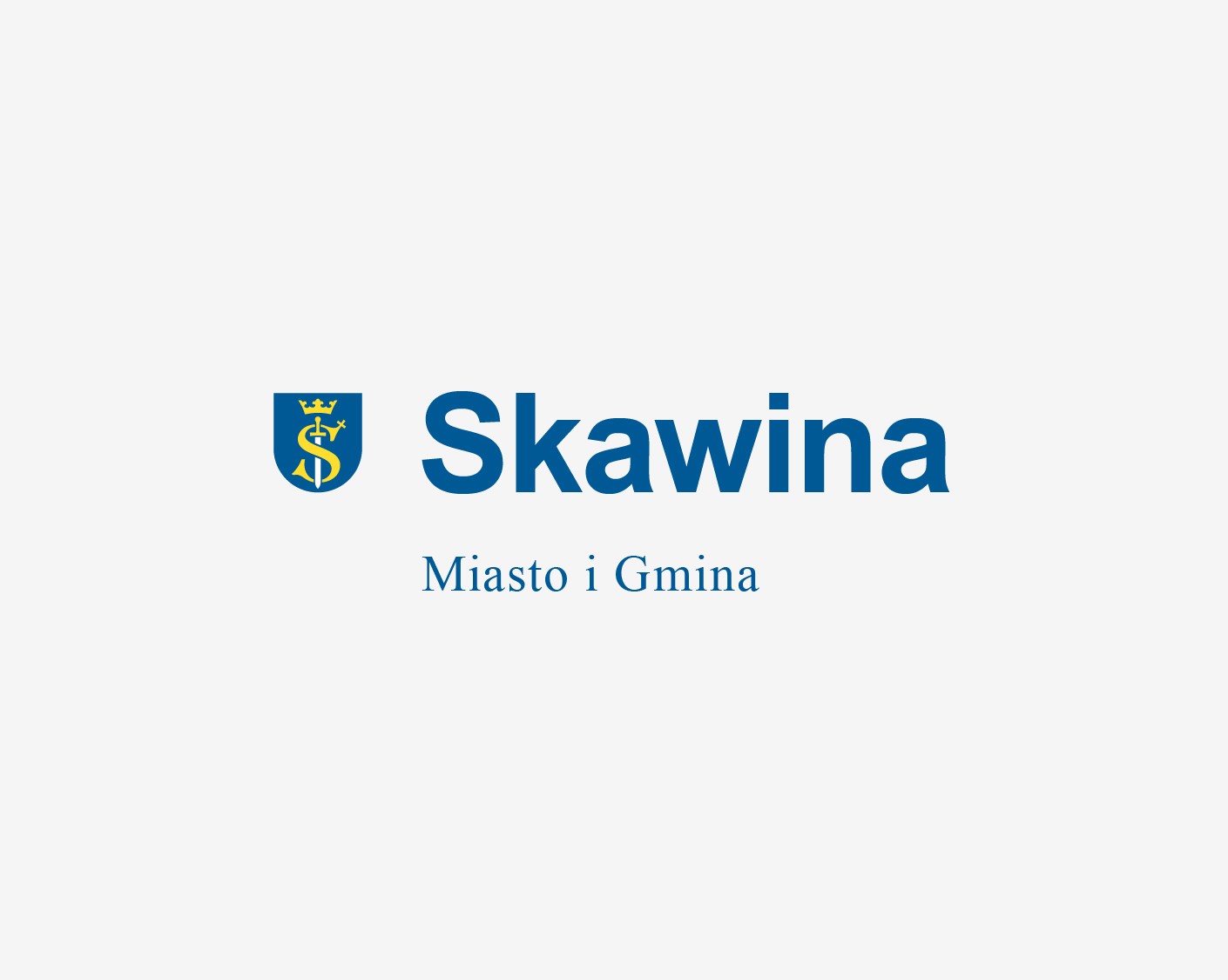 Logo Skawiny na jasnoszarym tle: niebieska tarcza herbu z żółtym S, granatowy napis „Skawina” i szeryfowy „Miasto i Gmina”