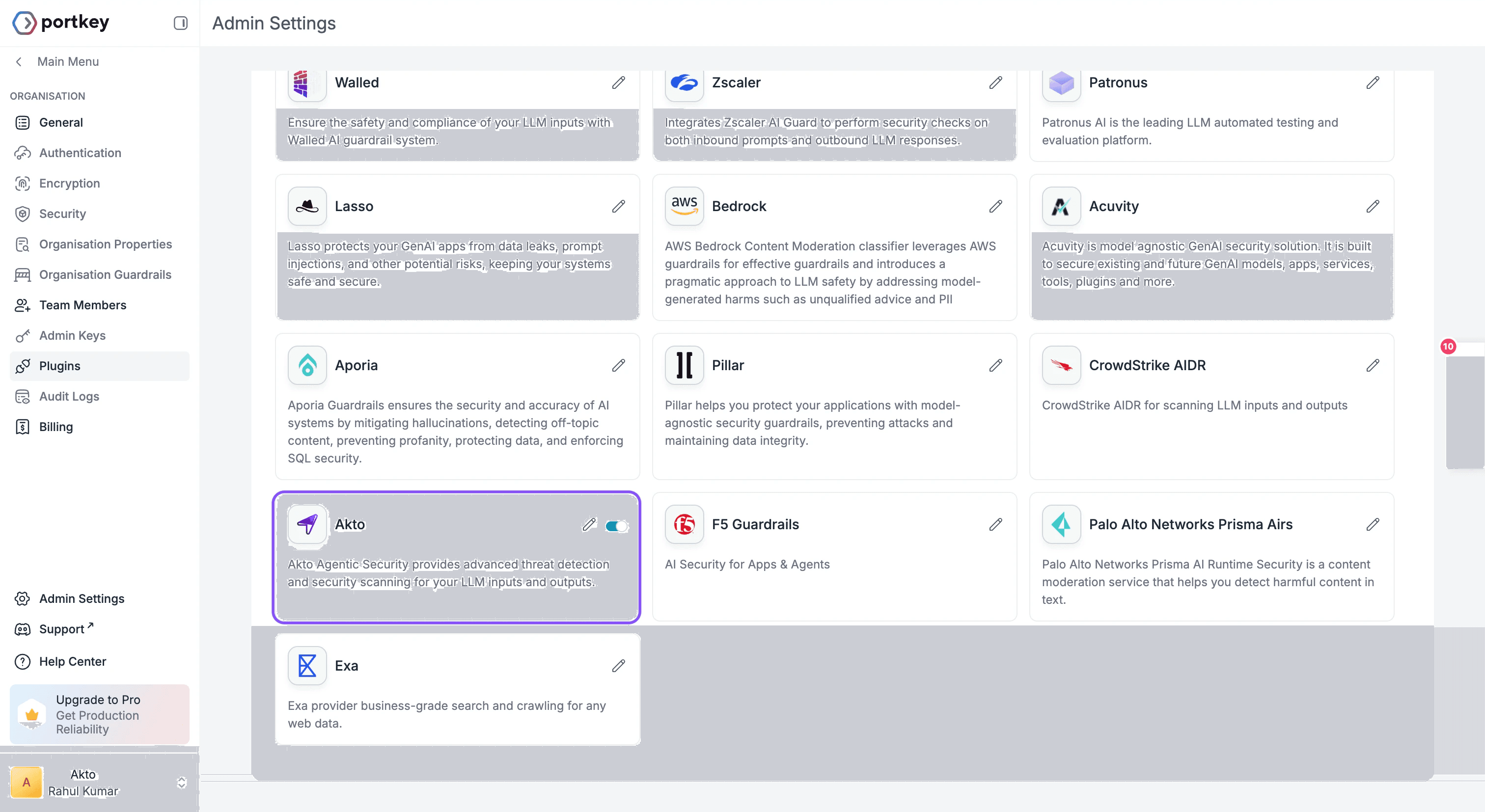 Enable Akto guardrail under plugins on Portkey dashboard