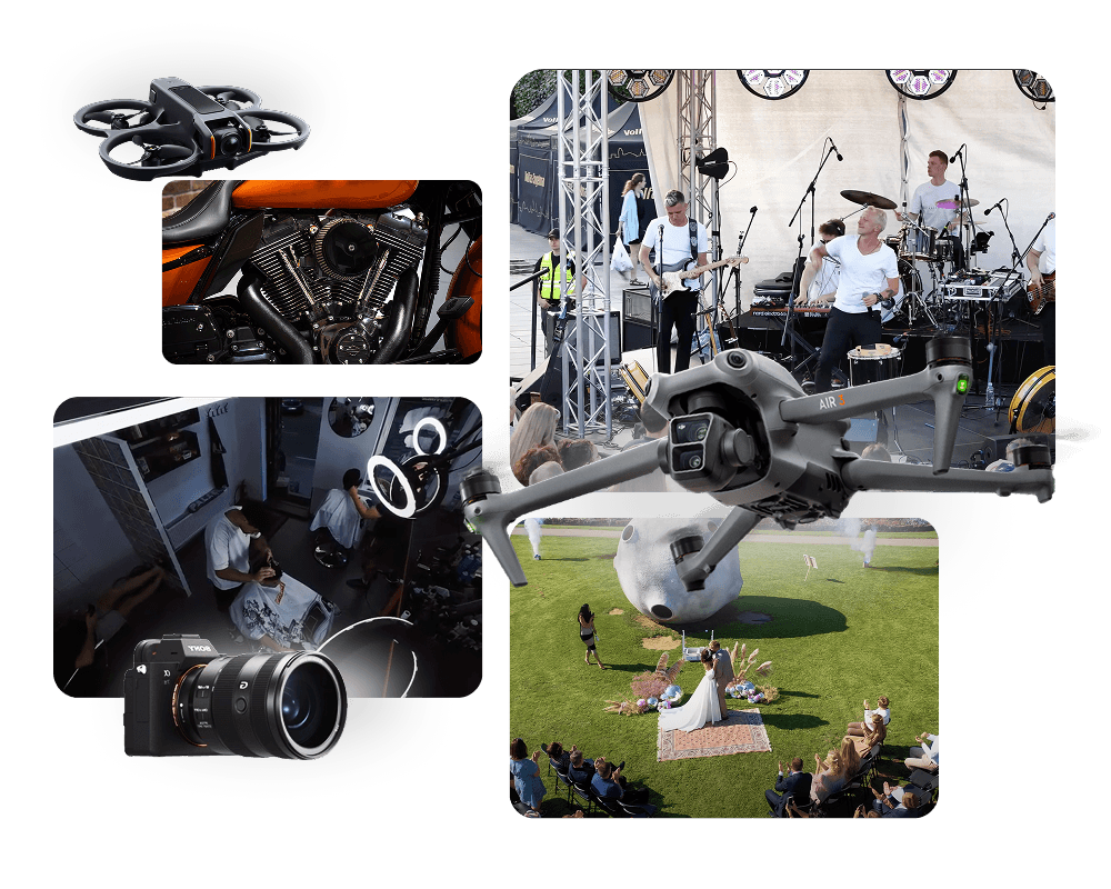 Dronas su už jo esančiais NT filmavimo projektų darbais