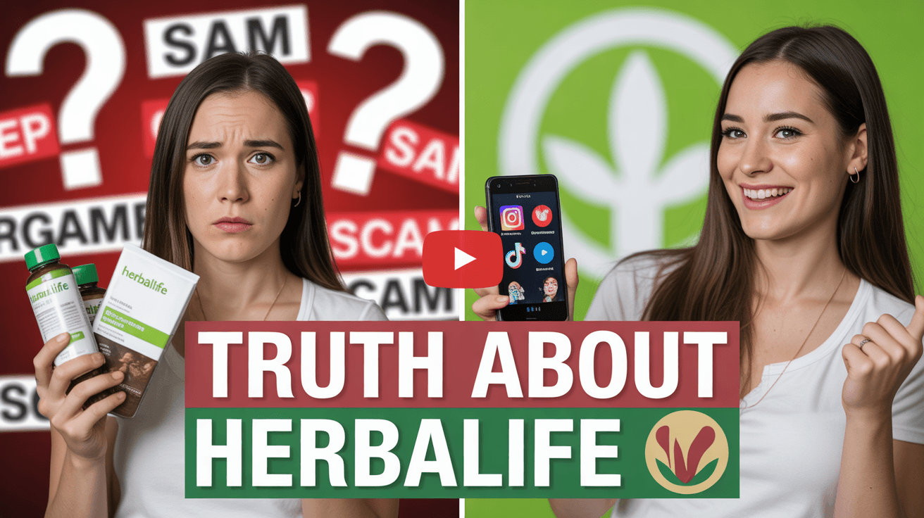 Split-screen thumbnail: worried person holding Herbalife products on red question-mark background left side, happy confident person holding phone on green background right side, Truth About Herbalife text overlay