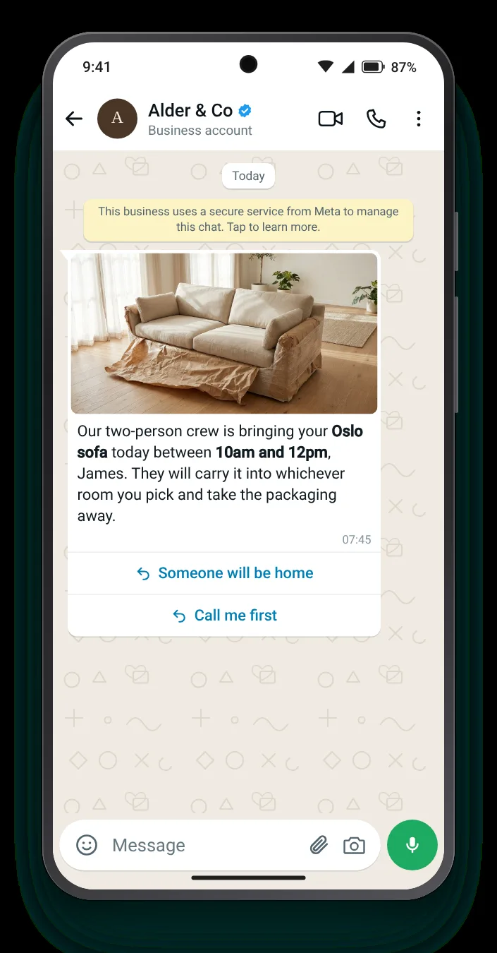 Furniture crew on the way: WhatsApp shipping update on an Android phone