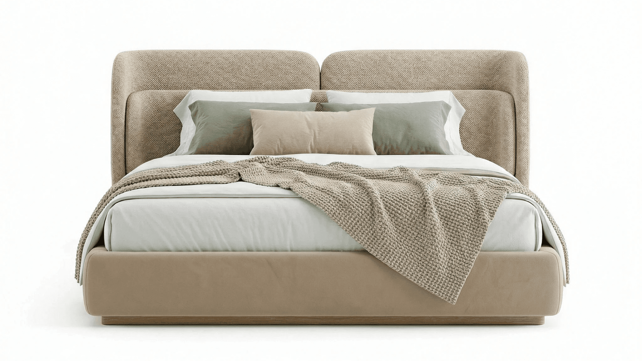 Fully upholstered bed with cushioned headboard, deep frame depth, and soft silhouette