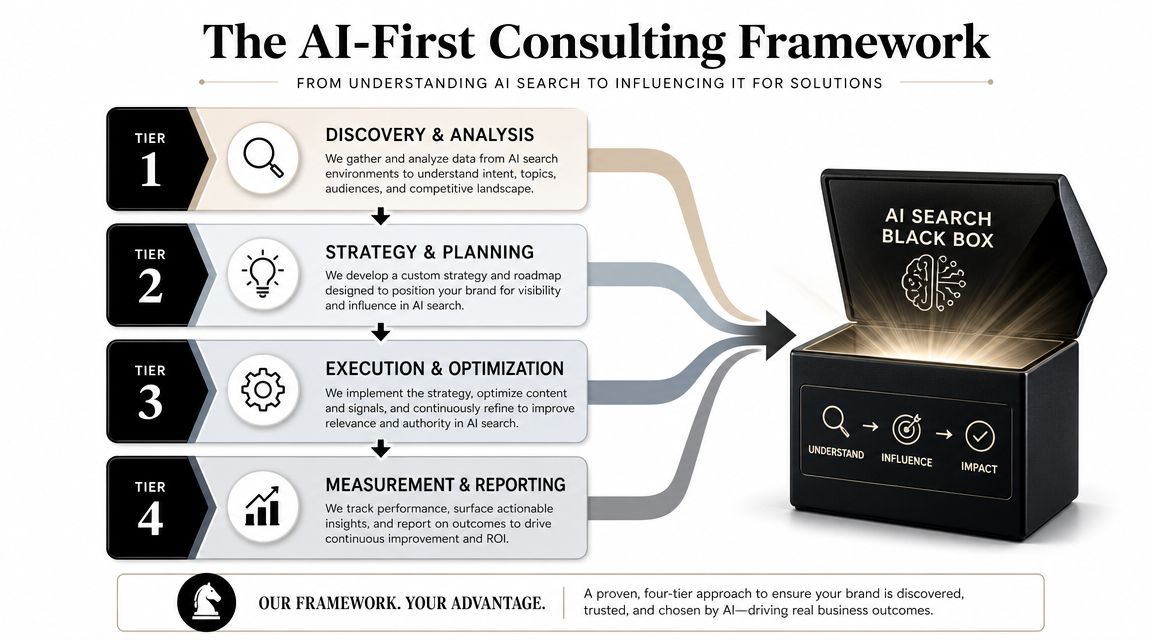 A four-tier AI-first consulting framework diagram illustrating the process from discovery to AI search business impact.
