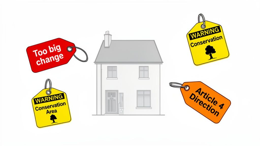Illustration of a house with tags warning about planning restrictions: 'Too big change', 'Conservation Area', 'Article 4 Direction'.
