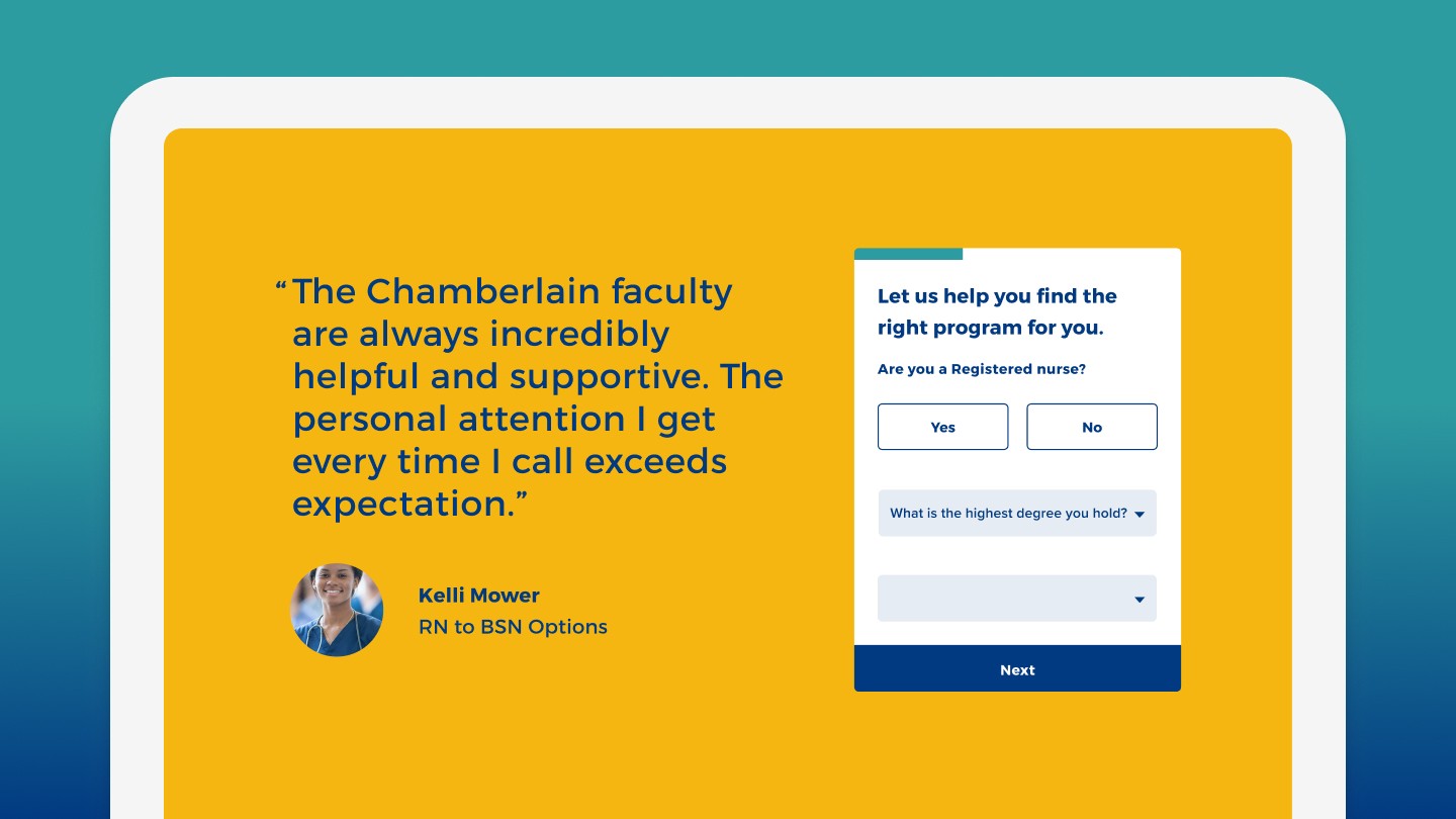 Yellow background with a testimonial from a student about supportive Chamberlain faculty, alongside a digital form asking nursing-related questions.