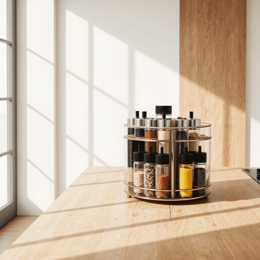 product photography of a round spice organizer with multiple containers for spices and oils