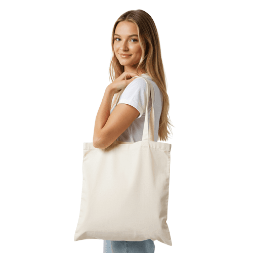 Tote bag mockup carried by a blonde woman model