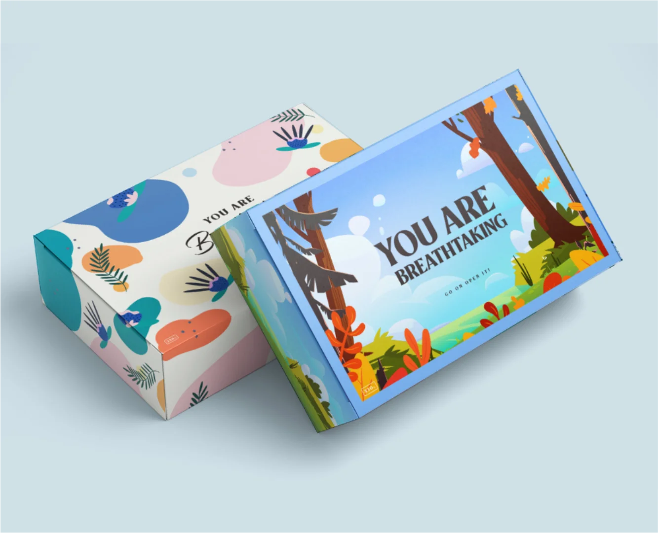 Illustrative gift box packaging design for Say with Chocolate by Subiaco designer Andrew Salfinger, featuring custom forest-themed landscapes and 'You Are Breathtaking' typography.