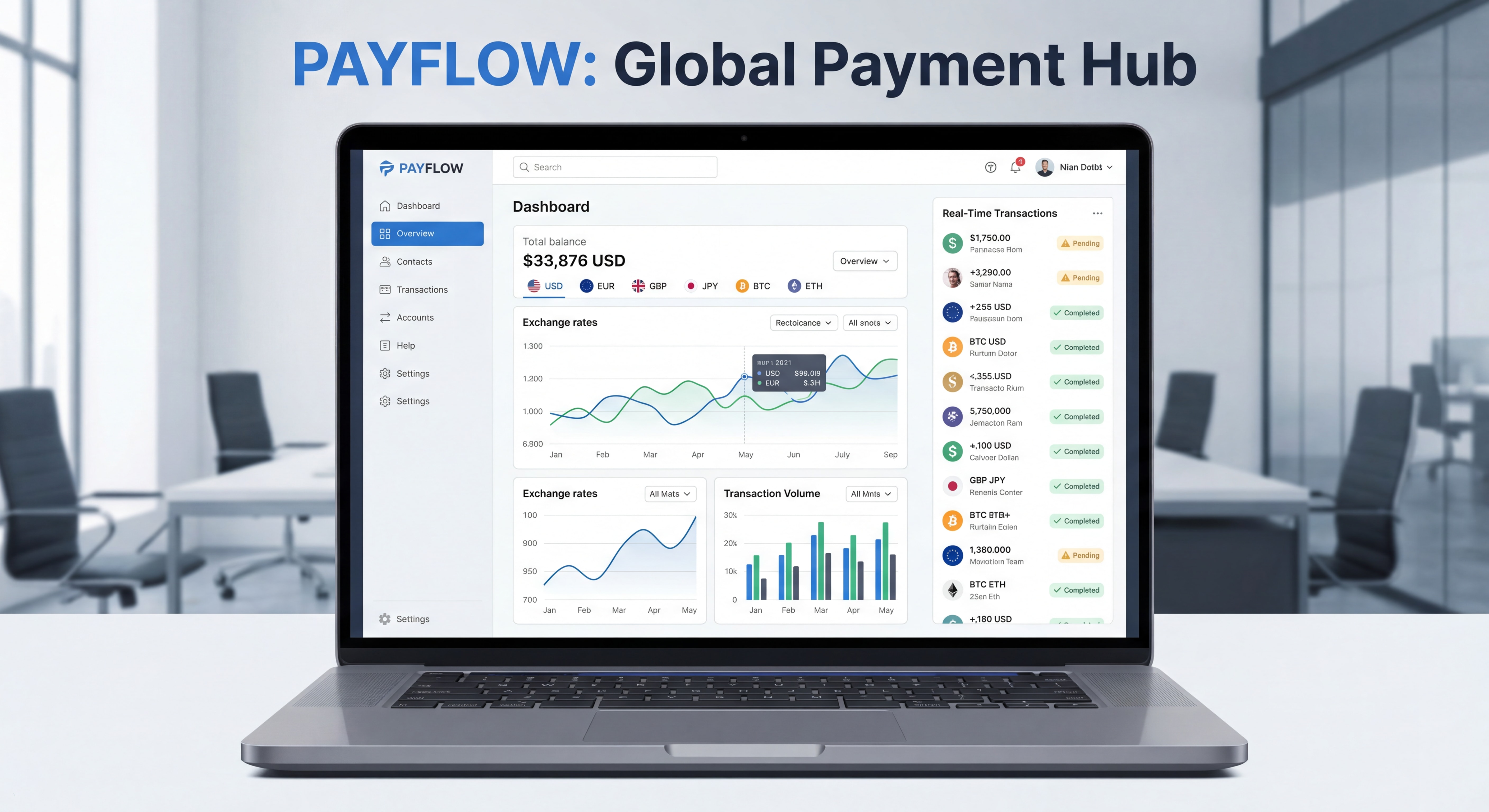 Interface utilisateur d'une plateforme de paiement moderne montrant un tableau de bord avec plusieurs devises et transactions en temps réel