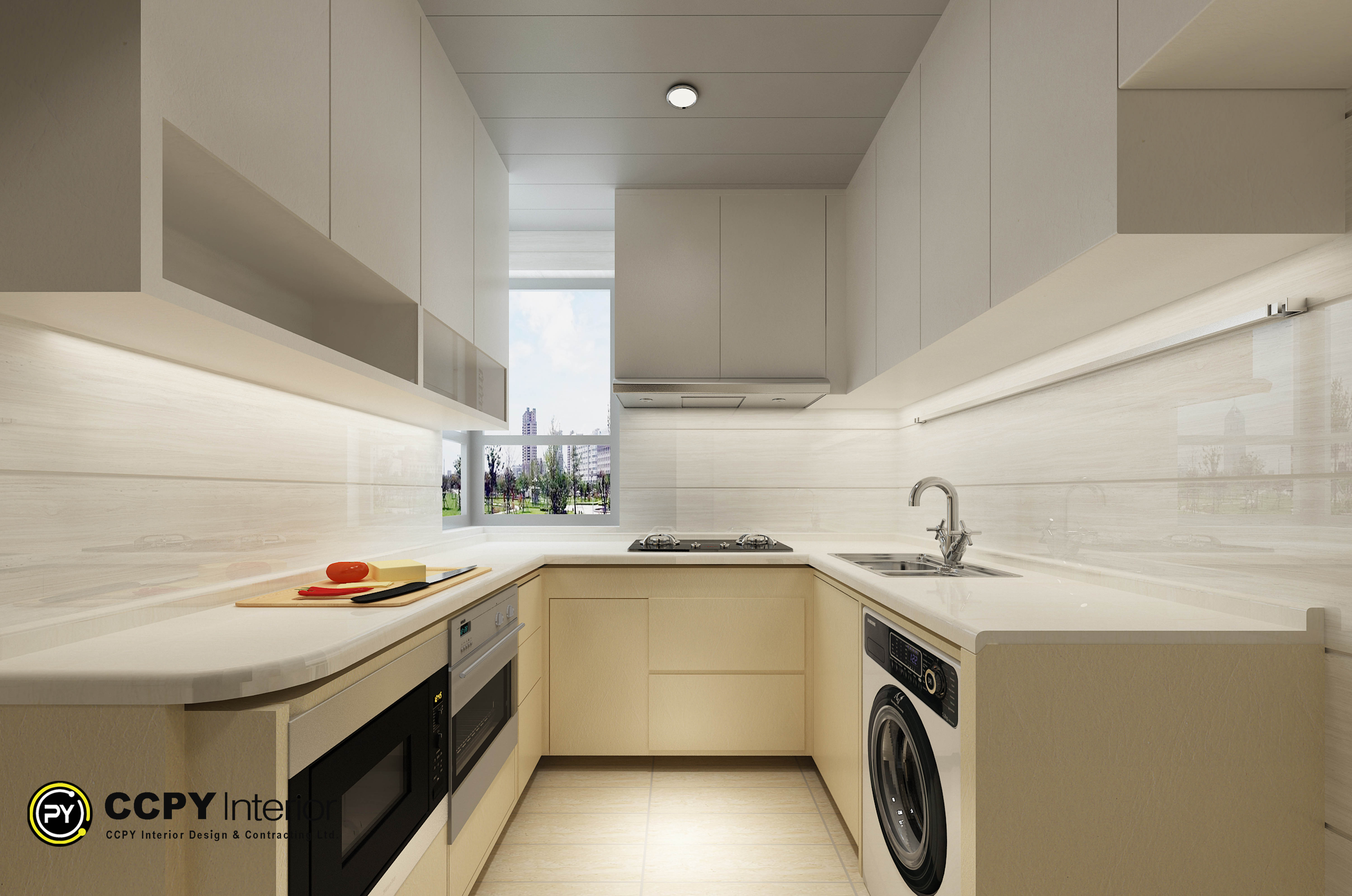 Under-cabinet lighting enhances the visual depth of polished tiling within this modern Castello culinary space and white cabinetry.