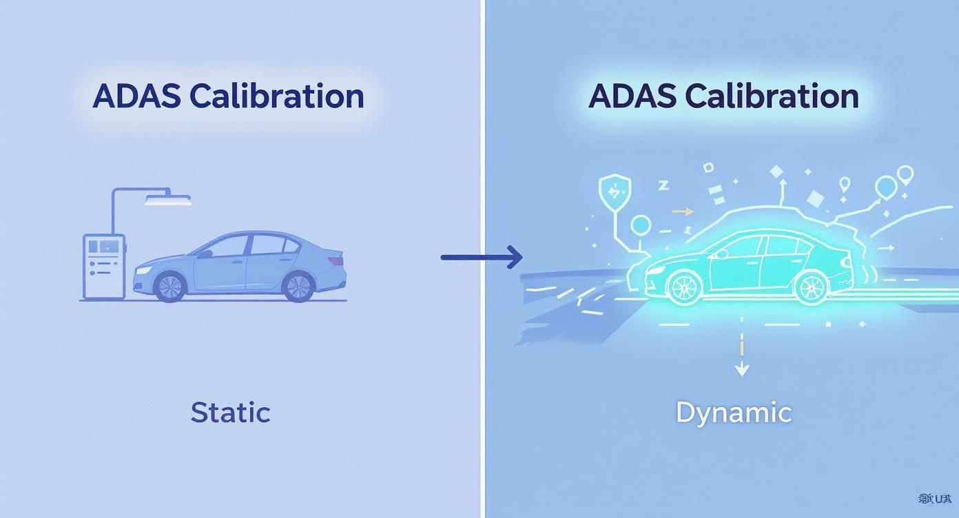 Infographic comparing the process flow for static and dynamic ADAS calibration.