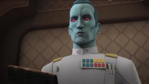 Grand Admiral Thrawn wearing a crisp white uniform while looking at a datapad