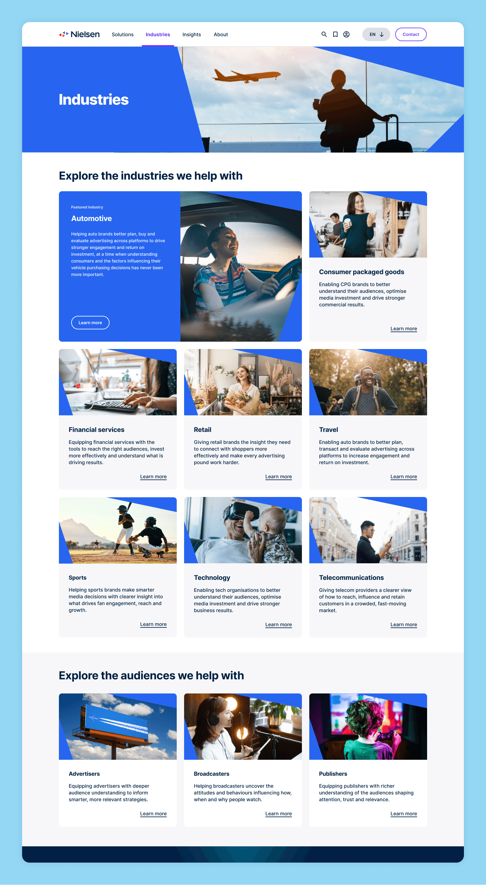 `Nielsen Industries landing page showing industry categories including Automotive, Consumer packaged goods, Financial services, Retail, Travel, Sports, Technology, and Telecommunications, plus audience types for Advertisers, Broadcasters, and Publishers.`