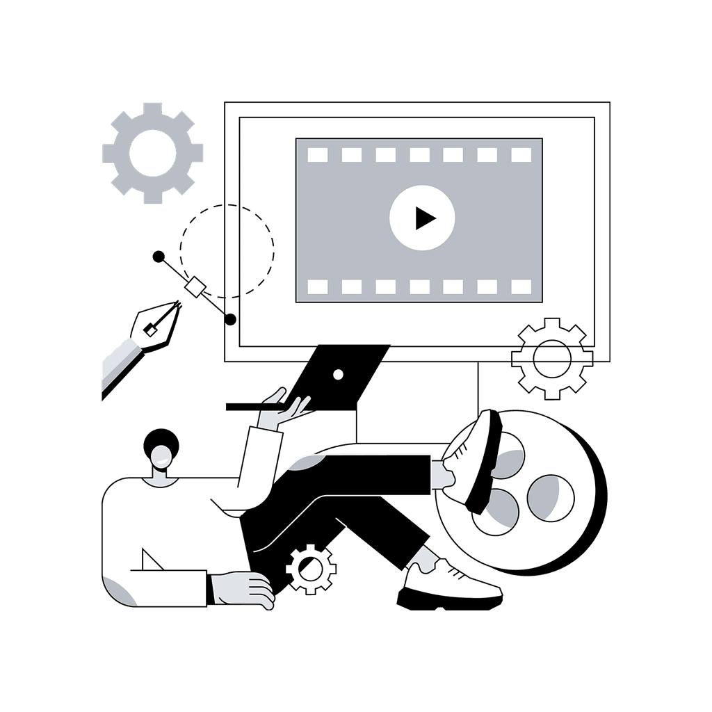 This image is an illustration depicting the concept of video editing or digital media creation. The central focus is a computer screen displaying a video player interface with a play button. Surrounding the screen are various elements associated with media creation: a stylized hand holding a graphic design pen, indicating drawing or editing; gears, symbolizing settings and tools; and a person seated, holding a laptop, representing the content creator or editor. The overall monochromatic color scheme with shades of grey and white highlights the technical and creative aspects of digital media production.