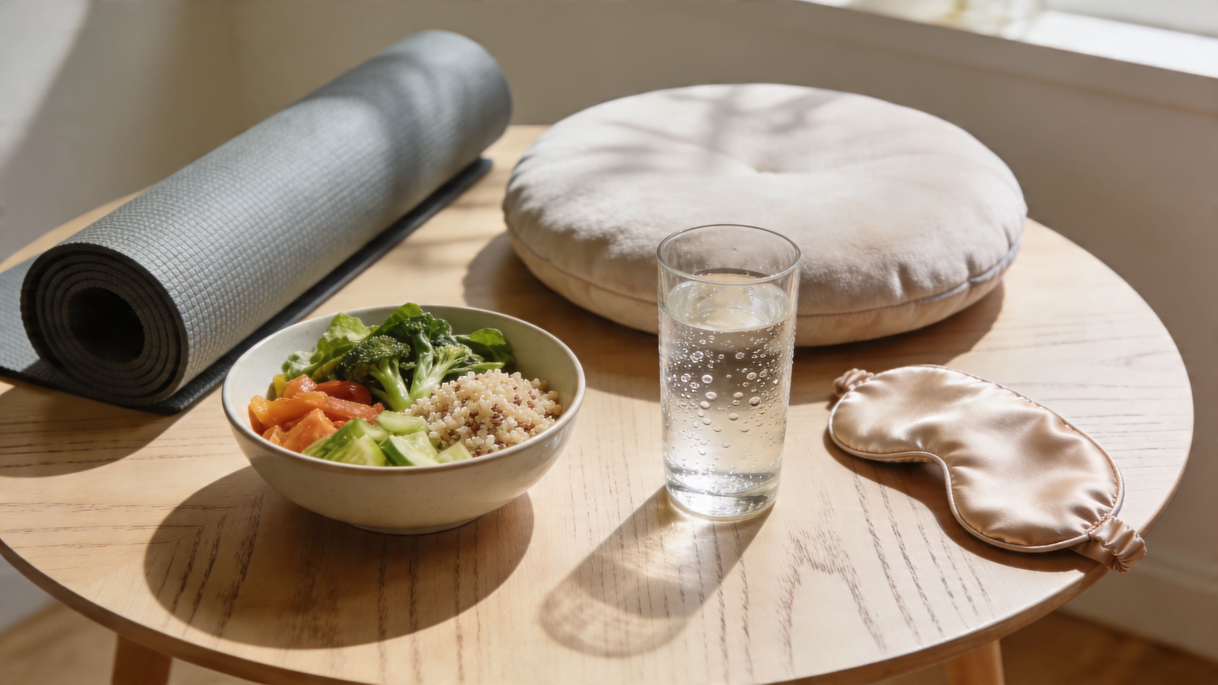 A table set with a healthy quinoa salad, sparkling water, a yoga mat, a meditation cushion, and a sleep mask.