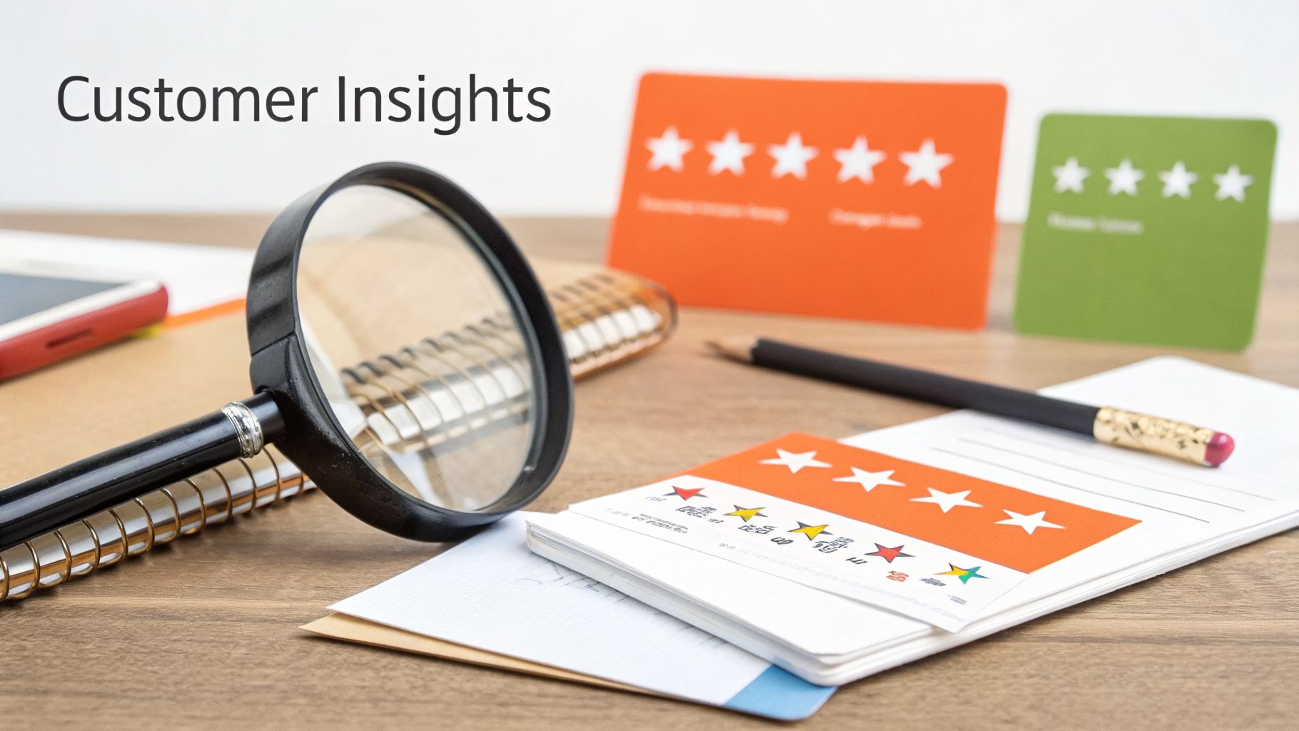 Magnifying glass, notebook, smartphone, and star rating cards for customer insights and feedback.